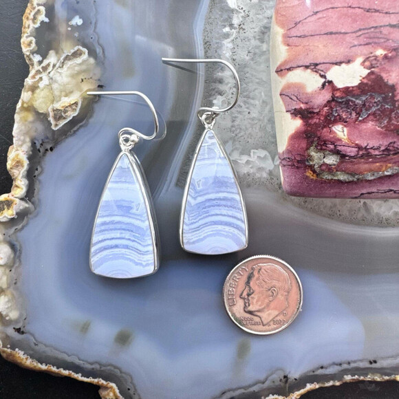 Sterling Silver Southwestern Style Triangle Blue Lace Agate Dangle Earrings - Picture 8 of 10
